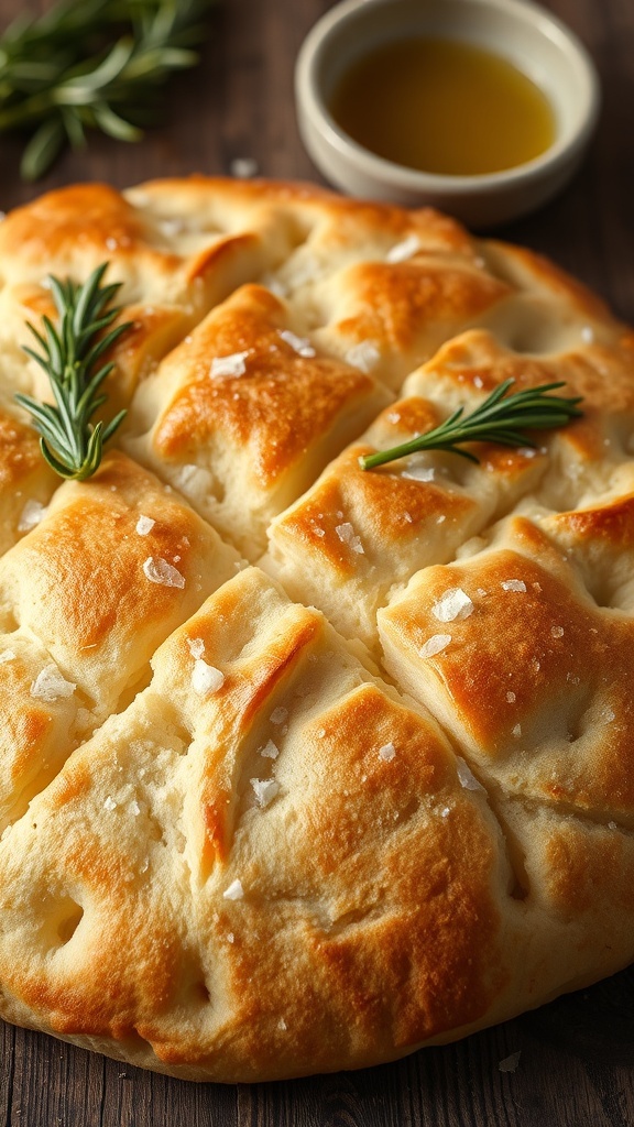 Golden brown focaccia bread topped with rosemary and sea salt, served with olive oil on a rustic table.